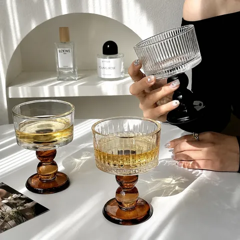 Vintage Ribbed Glass Wine Goblet With Amber Black Beaded Stem For Champagne Cocktail Dessert