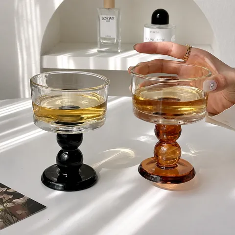 Vintage Ribbed Glass Wine Goblet With Amber Black Beaded Stem For Champagne Cocktail Dessert