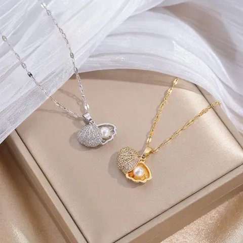 Titanium Steel Shell Artificial Pearl Pendant Necklace With Zirconia Inlaid Gold Silver Elegant Jewelry For Women Gift