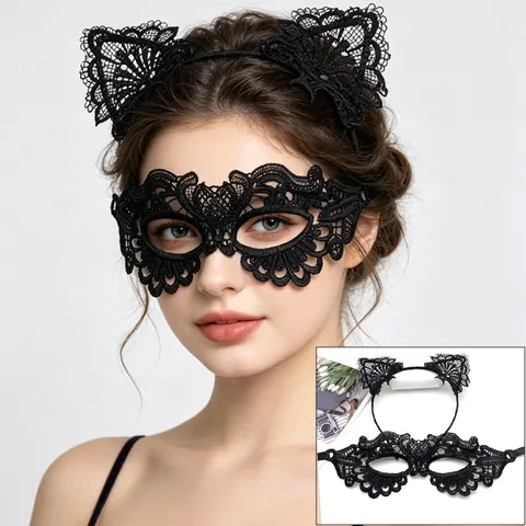 Serre-Tête Oreilles De Chat En Dentelle Noire Et Masque De Mascarade Pour Halloween Accessoires De Costume Pour Femmes