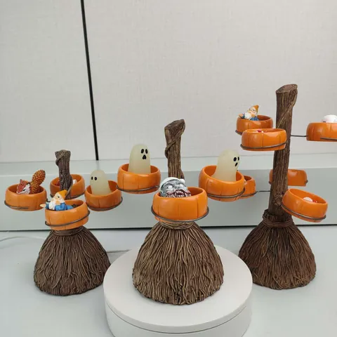 Halloween Witch Broom Pumpkin Snack Bowl Stand Resin Decor Party Tray Holder Witch Broomstick Support Festive Display Rack