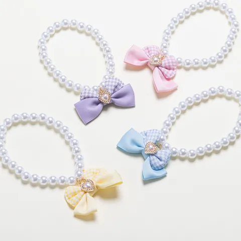 INS Style Pet Artificial Pearl Necklace With Plaid Bowknot Heart Pendant Decorative Jewelry Collar For Cats And Small Dogs