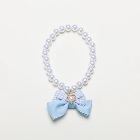 INS Style Pet Artificial Pearl Necklace With Plaid Bowknot Heart Pendant Decorative Jewelry Collar For Cats And Small Dogs