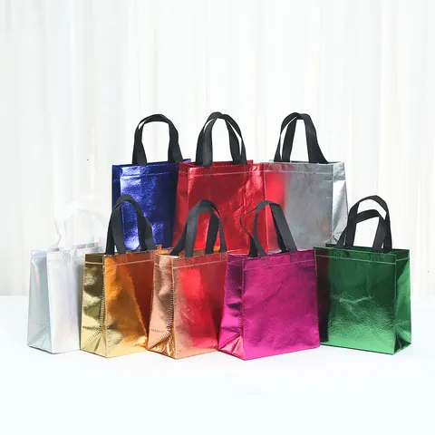 Sac Cadeau Holographique en Tissu Non-Tissé Noël Cabas Métallique pour Fête Mariage Emballage Cadeau Réutilisable