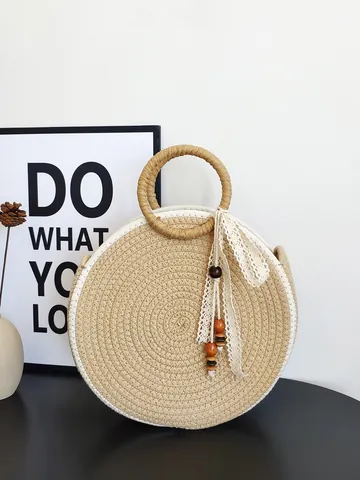 Sac À Main Rond En Paille Tissé Corde De Coton Fourre-Tout De Plage Avec Ruban En Dentelle Et Perles En Bois