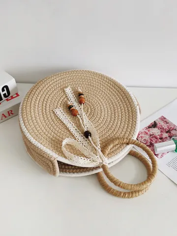 Sac À Main Rond En Paille Tissé Corde De Coton Fourre-Tout De Plage Avec Ruban En Dentelle Et Perles En Bois
