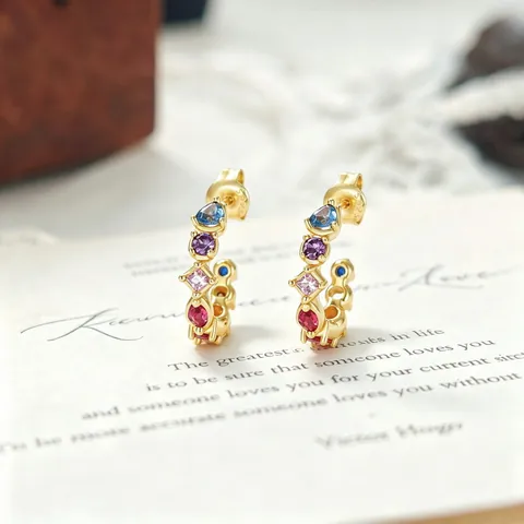 Joyas Vintage de Plata de Ley 925 Chapadas en Oro Circonia Arcoíris para Mujer Pendientes Geométricos Collar Anillo
