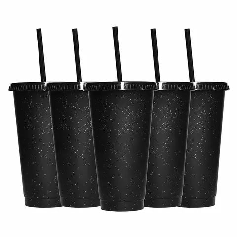 Reusable Black Glitter Plastic Cup With Lid And Straw Large Capacity PP Tumbler For Coffee Tea Beverage Modern Minimalist Portable Travel Drinking Cup