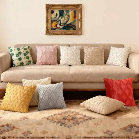 Funda de Almohada de Felpa Larga Bordada Acolchada Moderna Minimalista Rayada Color Sólido Corazón Flor Funda de Cojín Sofá Cuadrada para Sala de Estar Decoración Hogar