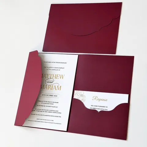 Cartes d'Invitation de Mariage en Papier Perlé Découpe Laser Bord Festonné Pochette à Trois Volets pour Fiançailles