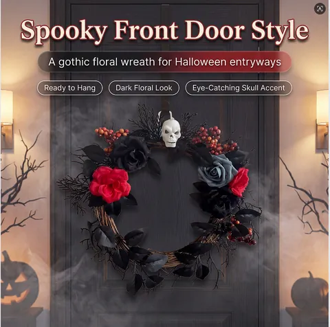 Couronne Gothique Artificielle Halloween Couronne Roses Rouges Squelette Effrayant Couronne Suspendue Porte Décoration Fête