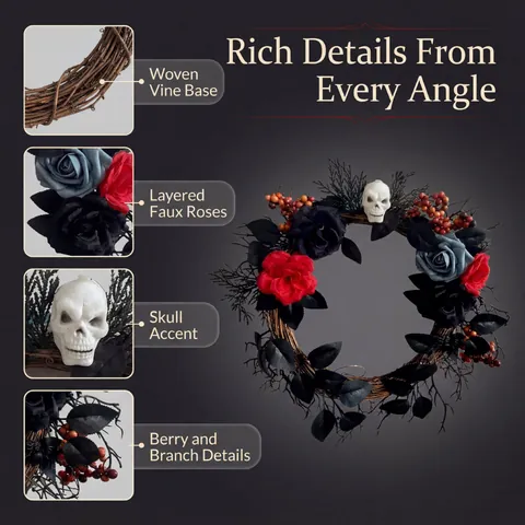 Couronne Gothique Artificielle Halloween Couronne Roses Rouges Squelette Effrayant Couronne Suspendue Porte Décoration Fête