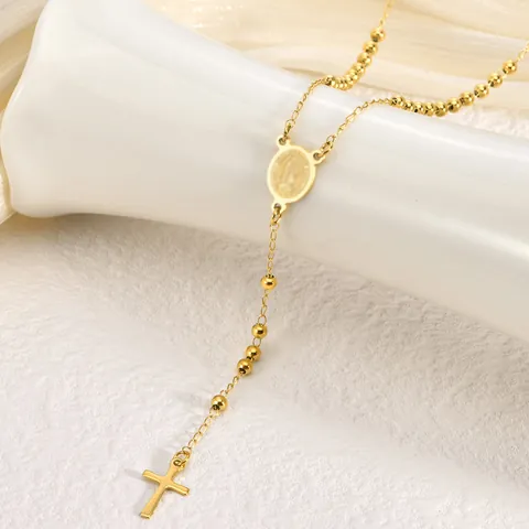 Vintage Stainless Steel Rosary Bead Chain Necklace For Women With Religious Virgin Mary Medal And Cross Pendant Jewelry