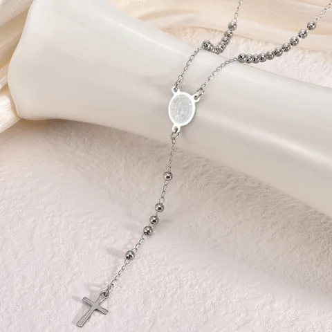 Vintage Stainless Steel Rosary Bead Chain Necklace For Women With Religious Virgin Mary Medal And Cross Pendant Jewelry