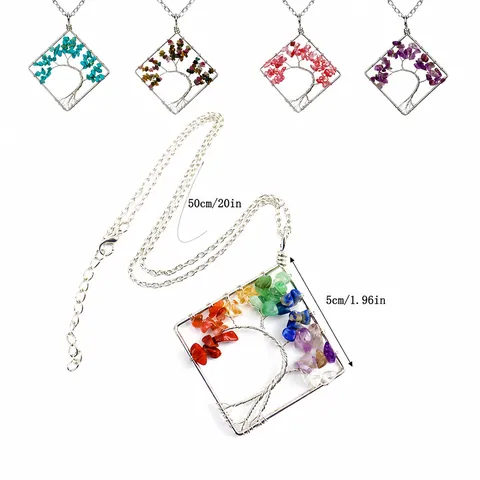 Handmade Wire Wrapped Tree of Life Square Natural Stone Crystal Pendant Necklace Bohemian Jewelry For Women Gift
