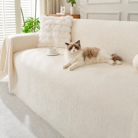 Einfarbiger Chenille-Sofabezug mit Quasten Weiche Strickdecke Möbelschoner für Wohnzimmer Creme-Stil Heimdekoration