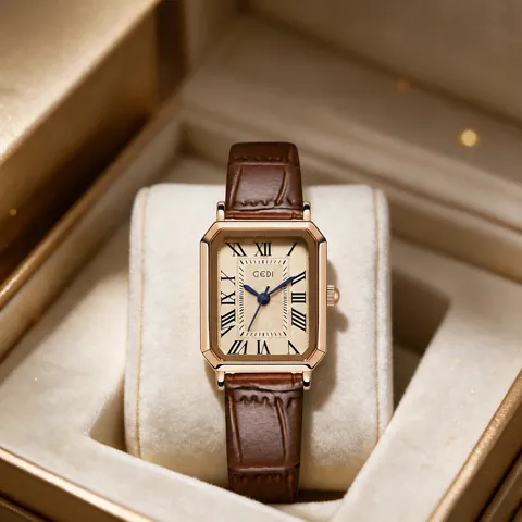 Montre à Quartz Rectangulaire Vintage GEDI pour Femmes Bracelet en Cuir Étanche Cadran à Chiffres Romains Élégante Montre-Bracelet pour Femme