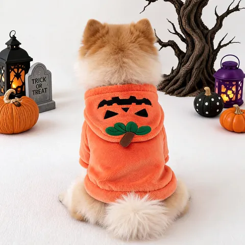 Pet Dog Halloween Pumpkin Costume Fleece Hooded Sweatshirt Small Dogs Puppy Apparel