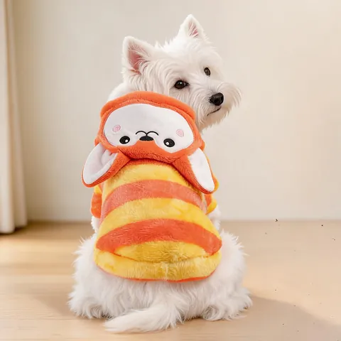 Pet Clothes Dog Hoodie Striped Polyester Thermal Sweatshirt Cartoon Animal Fox Shape Hooded Coat For Small Dogs Cats