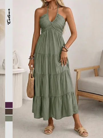 Women Halter Neck Backless Tiered Maxi Dress Sexy Boho V Neck Viscose Blend Smocked Summer Vacation Beach Long Cake Dress