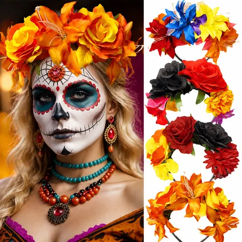 Handmade Colorful Artificial Cloth Flower Headband Mexican Day Of The Dead Halloween Carnival Party Accessories 3D Floral Headpiece For Women