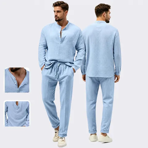 Haut Henley À Manches Longues Et Pantalon À Cordon Pour Homme Tenue Décontractée Texture Gaufre Unie