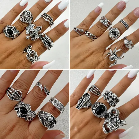 Gothic Punk Ring Vintage Silver Alloy Skull Spider Snake Bat Halloween Dark Jewelry Accessories For Men Women