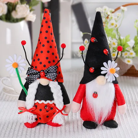Ladybug Gnome Plush Decor Scandinavian Tomte Spring Desktop Ornaments Handmade Cloth Daisy Pattern For Home Mantel Shelf
