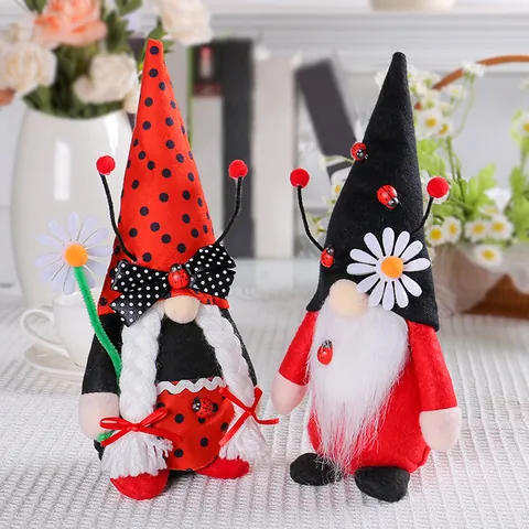 Ladybug Gnome Plush Decor Scandinavian Tomte Spring Desktop Ornaments Handmade Cloth Daisy Pattern For Home Mantel Shelf