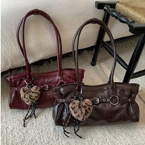 Vintage Glossy PU Leather Tote Bag For Women With Belt Buckle Metal Rings Large Capacity Shoulder Underarm Bag Casual Fashion Handbag