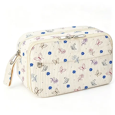 Large Capacity Corduroy Pencil Case Floral Strawberry Print Makeup Storage Bag With Zipper And Handle For Students Office