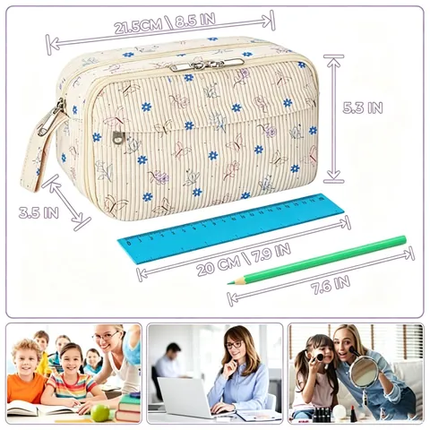 Large Capacity Corduroy Pencil Case Floral Strawberry Print Makeup Storage Bag With Zipper And Handle For Students Office