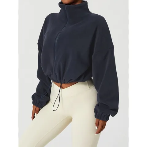 Women's Thick Sherpa Zip Up Jacket Stand Collar Fleece Sweatshirt With Drawstring Hem Loose Warm Solid Top Casual Streetwear