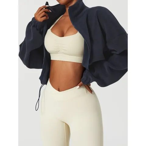 Women's Thick Sherpa Zip Up Jacket Stand Collar Fleece Sweatshirt With Drawstring Hem Loose Warm Solid Top Casual Streetwear