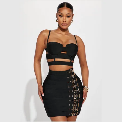 Top Crop a Benda Senza Maniche Hollow Out E Minigonna Con Fibbia Design Splicing Sexy Streetwear Clubwear Outfit Donna