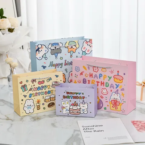 Cute Cartoon Rabbit Pattern Kraft Paper Gift Bag With Handle Happy Birthday Party Favor Bags For Kids Gift Wrapping Supplies