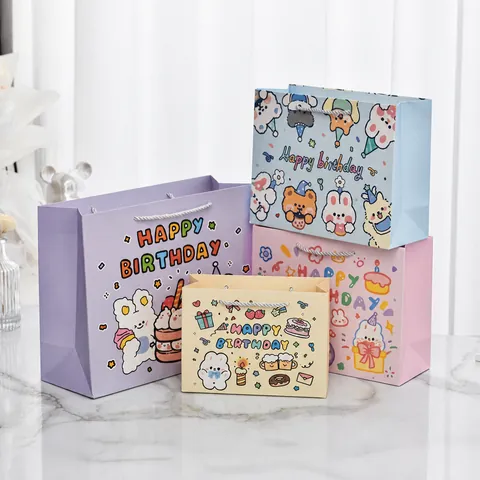Cute Cartoon Rabbit Pattern Kraft Paper Gift Bag With Handle Happy Birthday Party Favor Bags For Kids Gift Wrapping Supplies