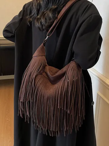 Sac Fourre-tout à Grande Capacité pour Femmes avec Glands Look Daim Cuir PU Couleur Unie Sac à Bandoulière Tendance de Rue