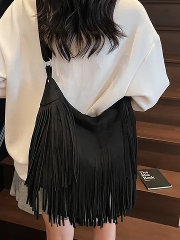 Sac Fourre-tout à Grande Capacité pour Femmes avec Glands Look Daim Cuir PU Couleur Unie Sac à Bandoulière Tendance de Rue