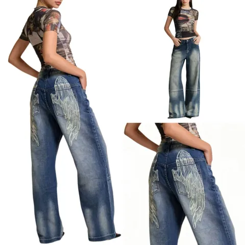 Dames Vintage Distressed Wide Leg Jeans Katoen Denim Washed Retro Vleugel Print Achterzak Casual Streetwear