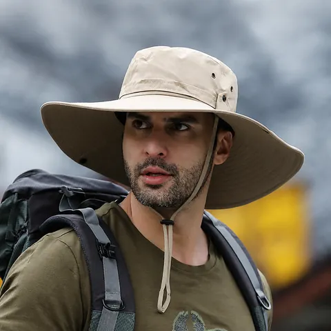 Herren Outdoor Sonnenhut Wasserdicht Hut Mit Breiter Krempe UV-Schutz Anglerhut Mit Verstellbarem Windseil Schnelltrocknend Safari Hut