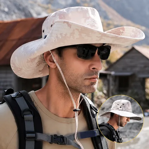 Herren Outdoor Sonnenhut Wasserdicht Hut Mit Breiter Krempe UV-Schutz Anglerhut Mit Verstellbarem Windseil Schnelltrocknend Safari Hut