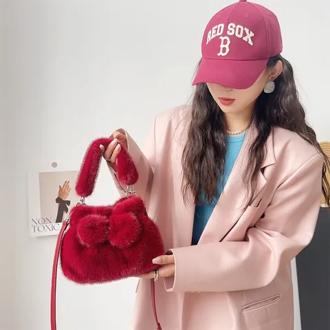 Women Faux Mink Fur Bowknot Tote Bag Fuzzy Plush Handbag Elegant Crossbody Bag For Autumn Winter Solid Color Lady Purse