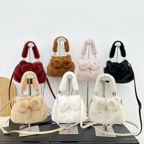 Women Faux Mink Fur Bowknot Tote Bag Fuzzy Plush Handbag Elegant Crossbody Bag For Autumn Winter Solid Color Lady Purse
