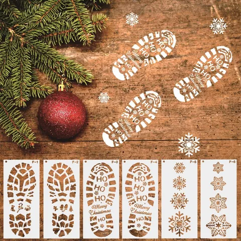 Christmas Santa Claus Footprints Hollow Stencils Plastic Templates For Floor DIY Decoration Snowflake Merry Christmas Painting Template Set Xmas Party Decor