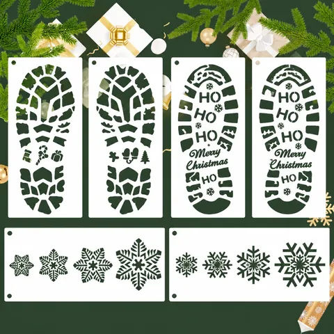 Christmas Santa Claus Footprints Hollow Stencils Plastic Templates For Floor DIY Decoration Snowflake Merry Christmas Painting Template Set Xmas Party Decor