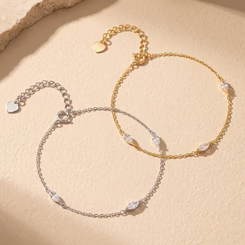 925 Sterlingsilber Armband mit Zirkonia im Marquise Schliff für Damen Feines Europäisches Gold Vergoldetes Verstellbares Herz Anhänger Armband