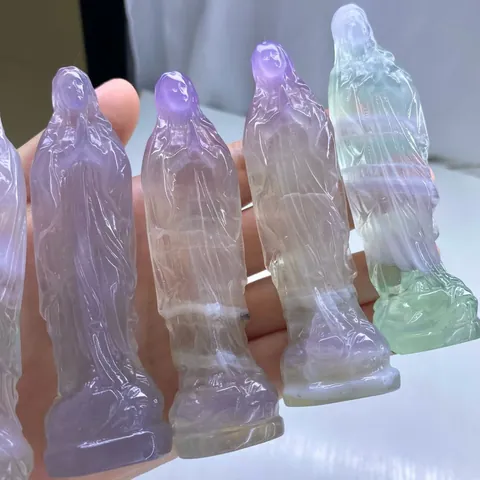 Natürliche Macaron Fluorit Jungfrau Maria Geschnitzte Statuen Set Heilkristall Göttin Skulptur Für Haus Altar Dekor Geschenk