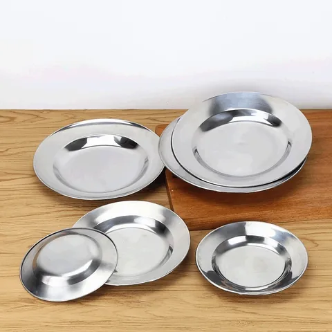 Stainless Steel Round Plate Polished Dinner Tray Shallow Food Container For Home Canteen Barbecue Serving Dish Fruit Plate