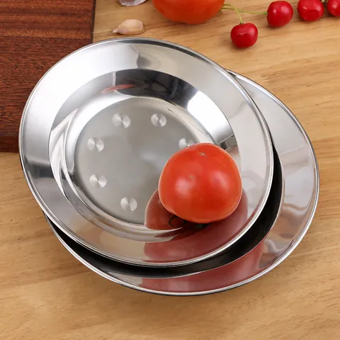 Stainless Steel Round Plate Polished Dinner Tray Shallow Food Container For Home Canteen Barbecue Serving Dish Fruit Plate